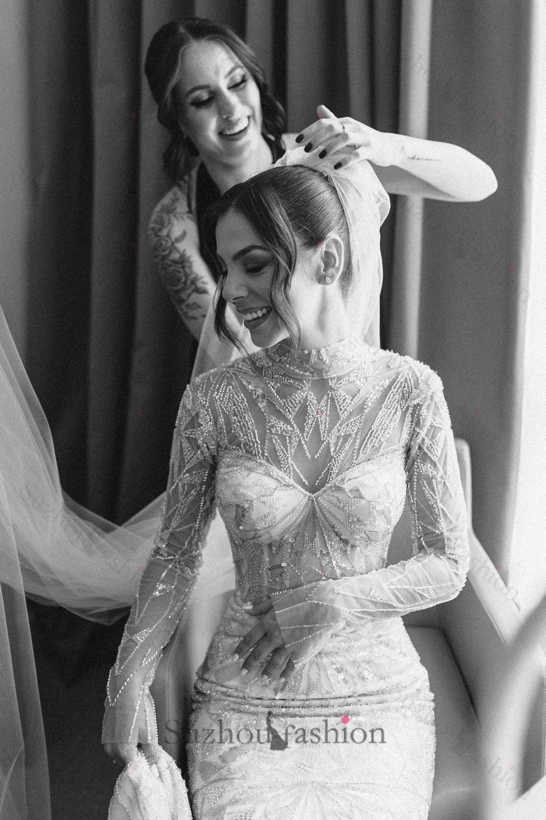 White Wedding Dress Mermaid High Neck Long Sleeves Beaded Sweep Train Tulle Bridal Gown With Sequins