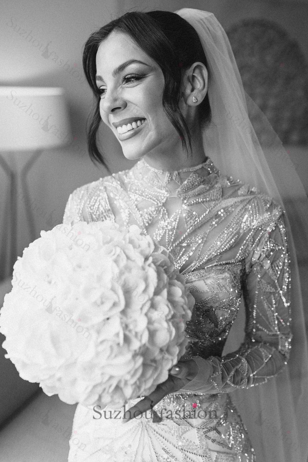 White Wedding Dress Mermaid High Neck Long Sleeves Beaded Sweep Train Tulle Bridal Gown With Sequins