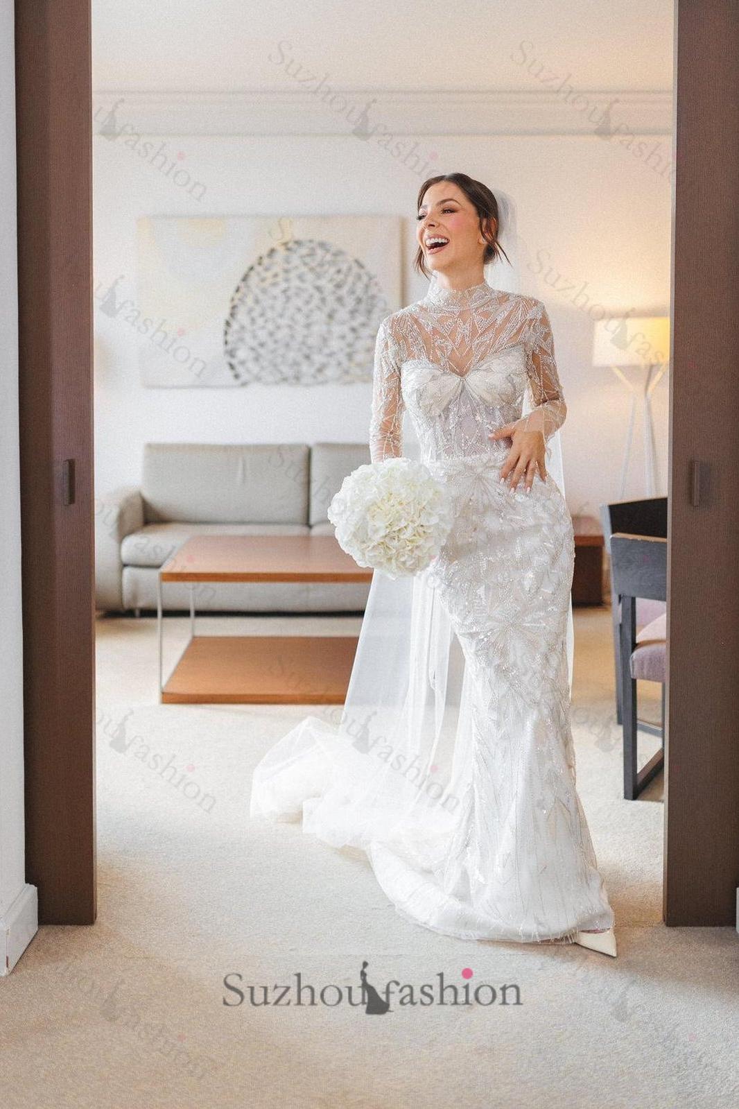 White Wedding Dress Mermaid High Neck Long Sleeves Beaded Sweep Train Tulle Bridal Gown With Sequins