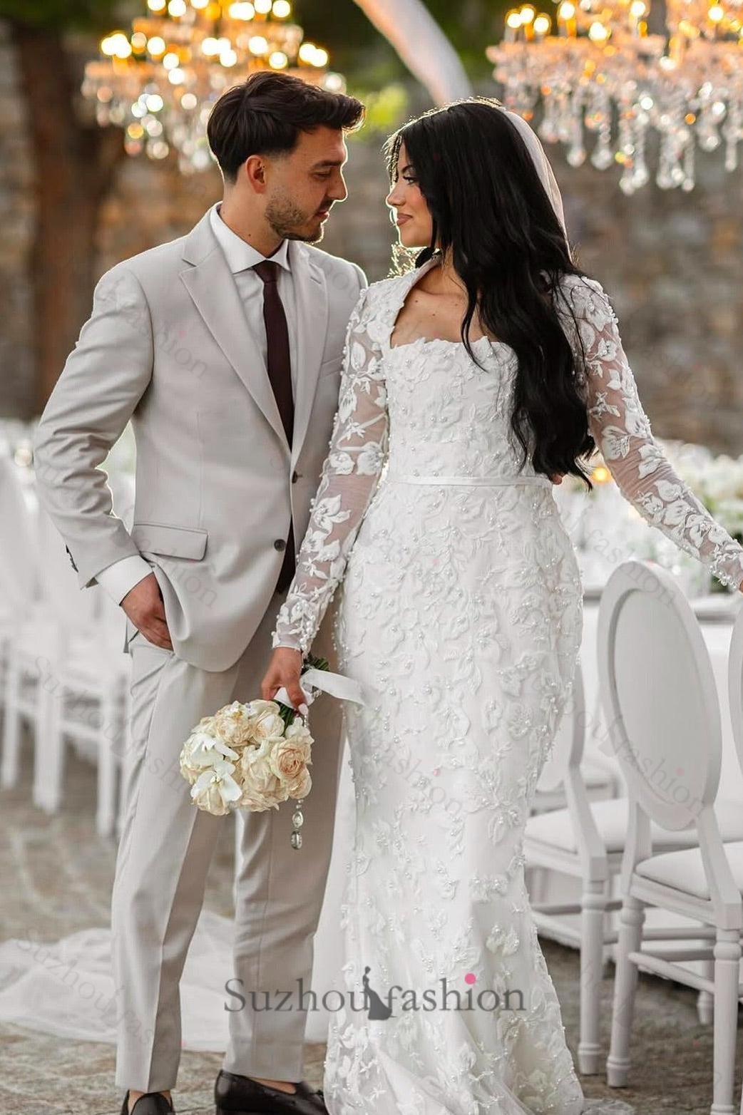 White Wedding Dress Mermaid Lace Square Long Sleeves Beaded Long Bridal Gown With Pearls