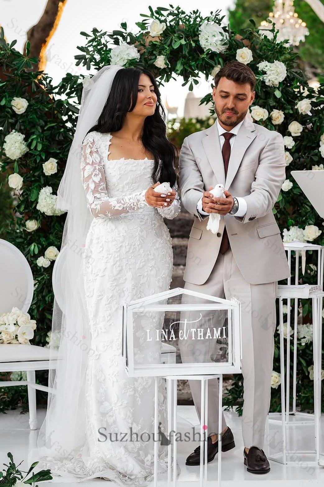 White Wedding Dress Mermaid Lace Square Long Sleeves Beaded Long Bridal Gown With Pearls