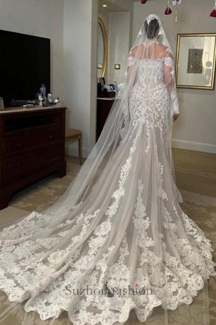 White Wedding Dress Mermaid Long Sleeves High Neck Lace Cathedral Train Tulle Bridal Gown
