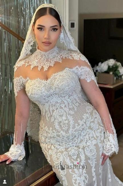 White Wedding Dress Mermaid Long Sleeves High Neck Lace Cathedral Train Tulle Bridal Gown