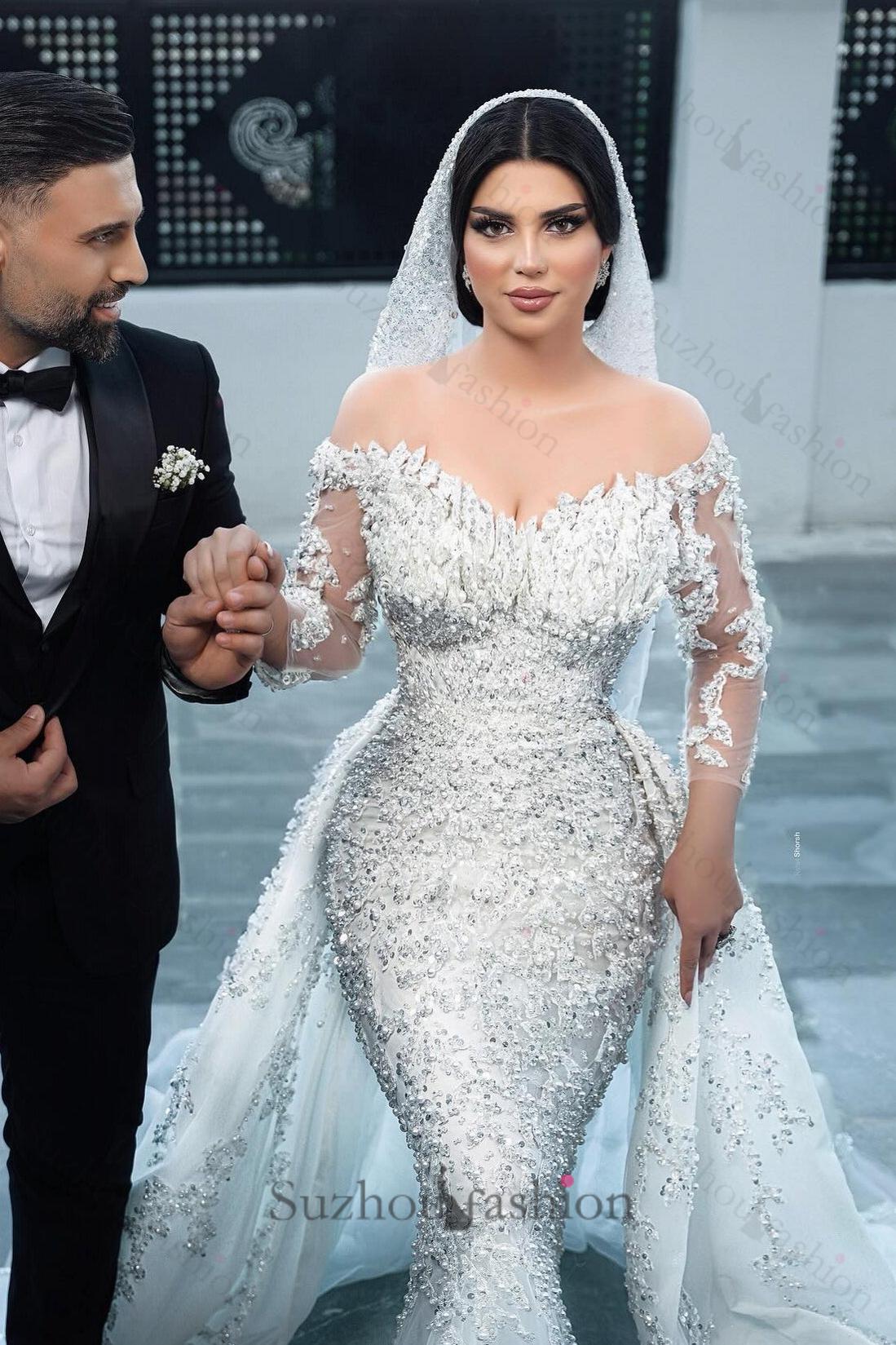 White Wedding Dress Mermaid Off The Shoulder Strapless Beaded Long Sleeves Sequined Detachable Panel Train Long Tulle Bridal Gown With Pearls And Appliques