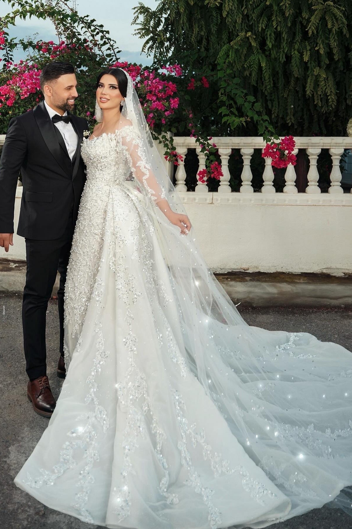 White Wedding Dress Mermaid Off The Shoulder Strapless Beaded Long Sleeves Sequined Detachable Panel Train Long Tulle Bridal Gown With Pearls And Appliques