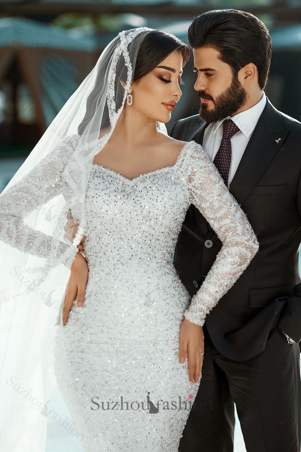 White Wedding Dress Mermaid Square Long Sleeves Sequined Lace Sweep Train Long Tulle Bridal Gown