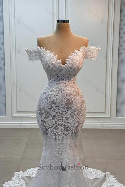 White Wedding Dress Mermaid Sweetheart Off The Shoulder Chapel Train Lace Tulle Bridal Gown With Appliques