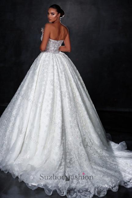 White Wedding Dress Off The Shoulder Sleeveless Sequined Ball Gown Long Tulle Bridal Gown With Appliques