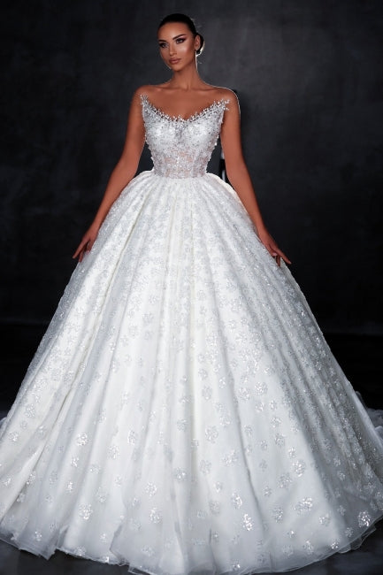 White Wedding Dress Off The Shoulder Sleeveless Sequined Ball Gown Long Tulle Bridal Gown With Appliques
