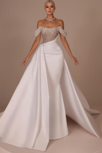 White Wedding Dress Strapless Beaded Off The Shoulder Panel Train Satin Bridal Gown