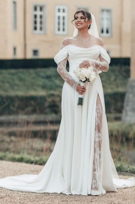 White Wedding Dress Strapless Off The Shoulder A Line Illusion Lace Sleeve Sweep Train Satin Bridal Gown With Slit