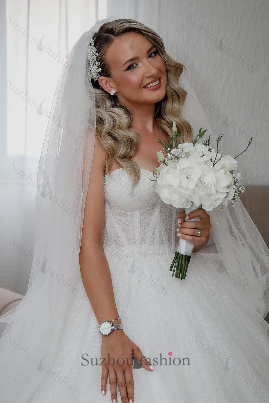 White Wedding Dress Sweetheart Ball Gown Beaded Sleeveless Cathedral Train Tulle Bridal Gown