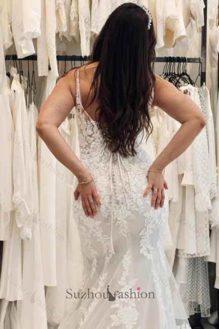 White Wedding Dress Sweetheart Spaghetti Strap Mermaid Sleeveless Tulle Court Train Long Lace Bridal Gown With Appliques