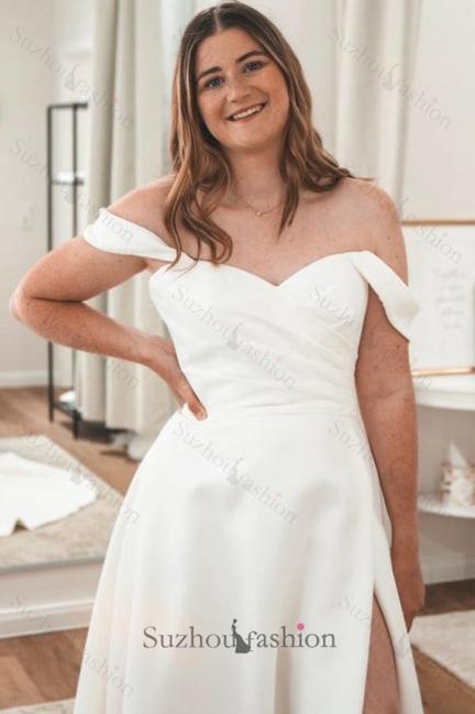 White Wedding Dress Sweetheart V Neck Off The Shoulder A Line Sleeveless Sweep Train Satin Bridal Gown