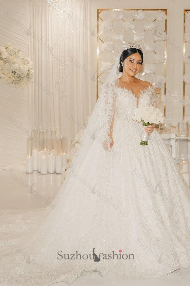 White Wedding Dress V Neck Lace Sequined Ball Gown Long Sleeves Cathedral Train Bridal Gown