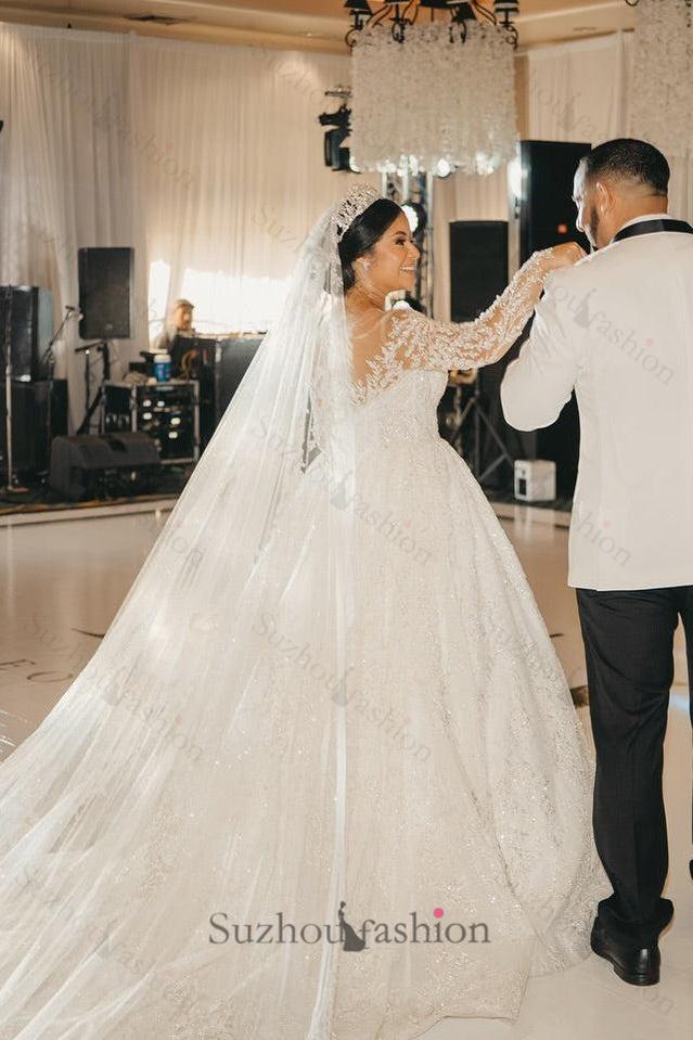 White Wedding Dress V Neck Lace Sequined Ball Gown Long Sleeves Cathedral Train Bridal Gown