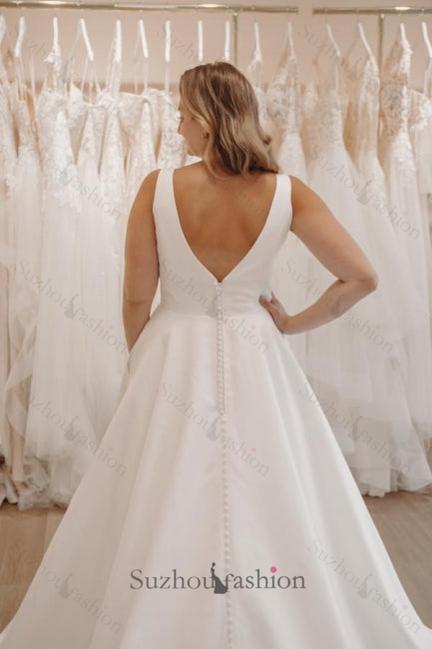 White Wedding Dress V Neck Spaghetti Strap A Line Sleeveless Sweep Train Satin Bridal Gown