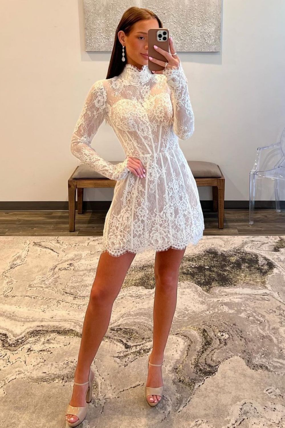 White A-Line High Neck Long Sleeves Short Lace Homecoming Dress