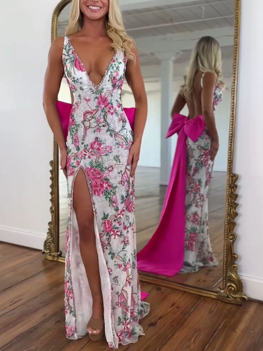 White Floral Embroidered Deep V-Neck Prom Dress with Oversized Bow Train - VelvetHem