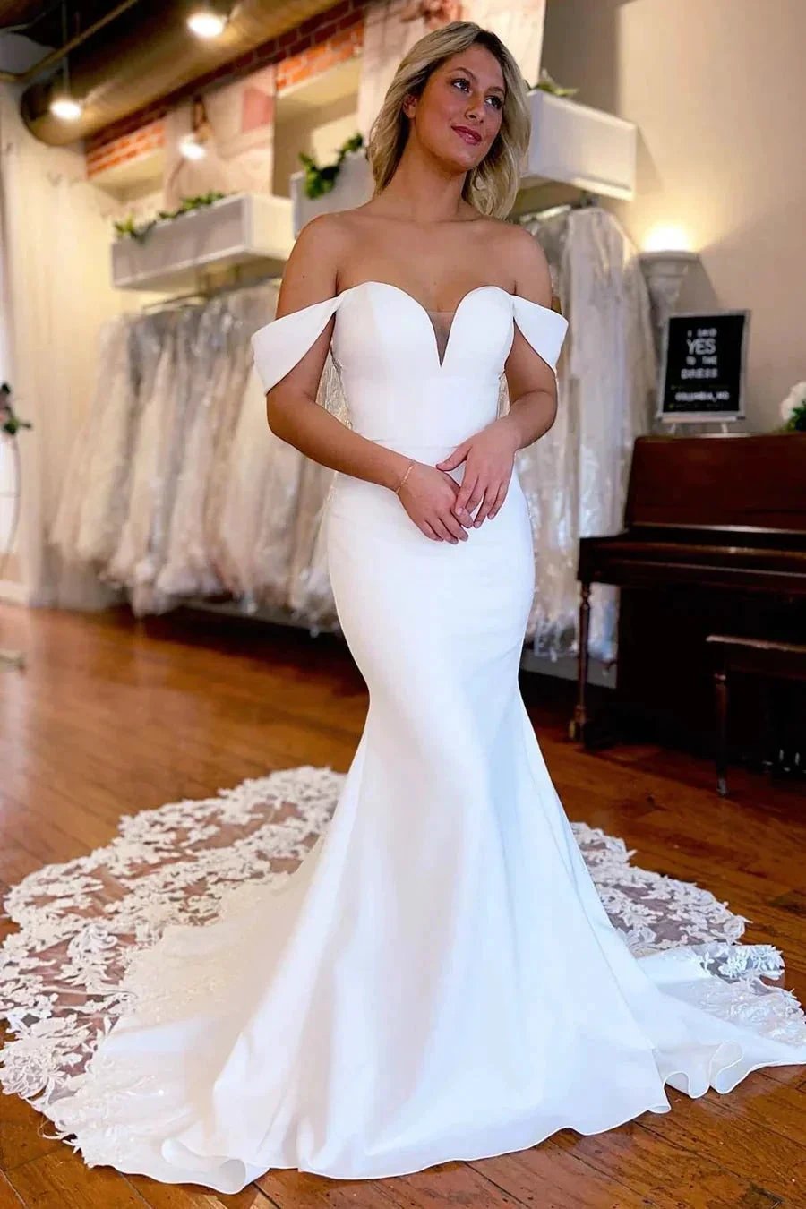 White Lace-Trimmed Off The Shoulder Mermaid Long Wedding Dress (ZD16179) - VelvetHem