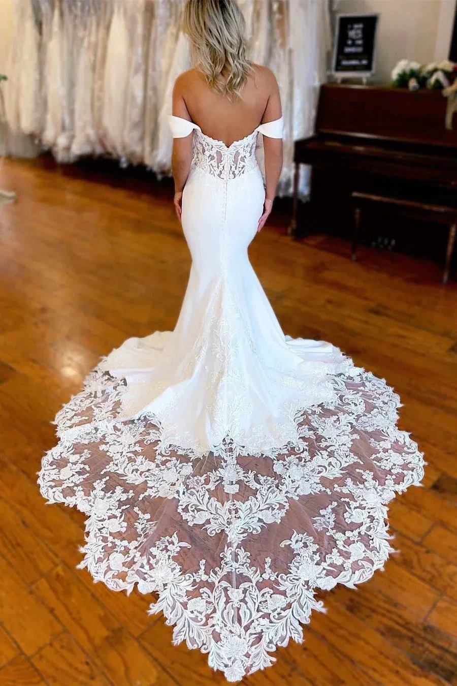 White Lace-Trimmed Off The Shoulder Mermaid Long Wedding Dress (ZD16179)