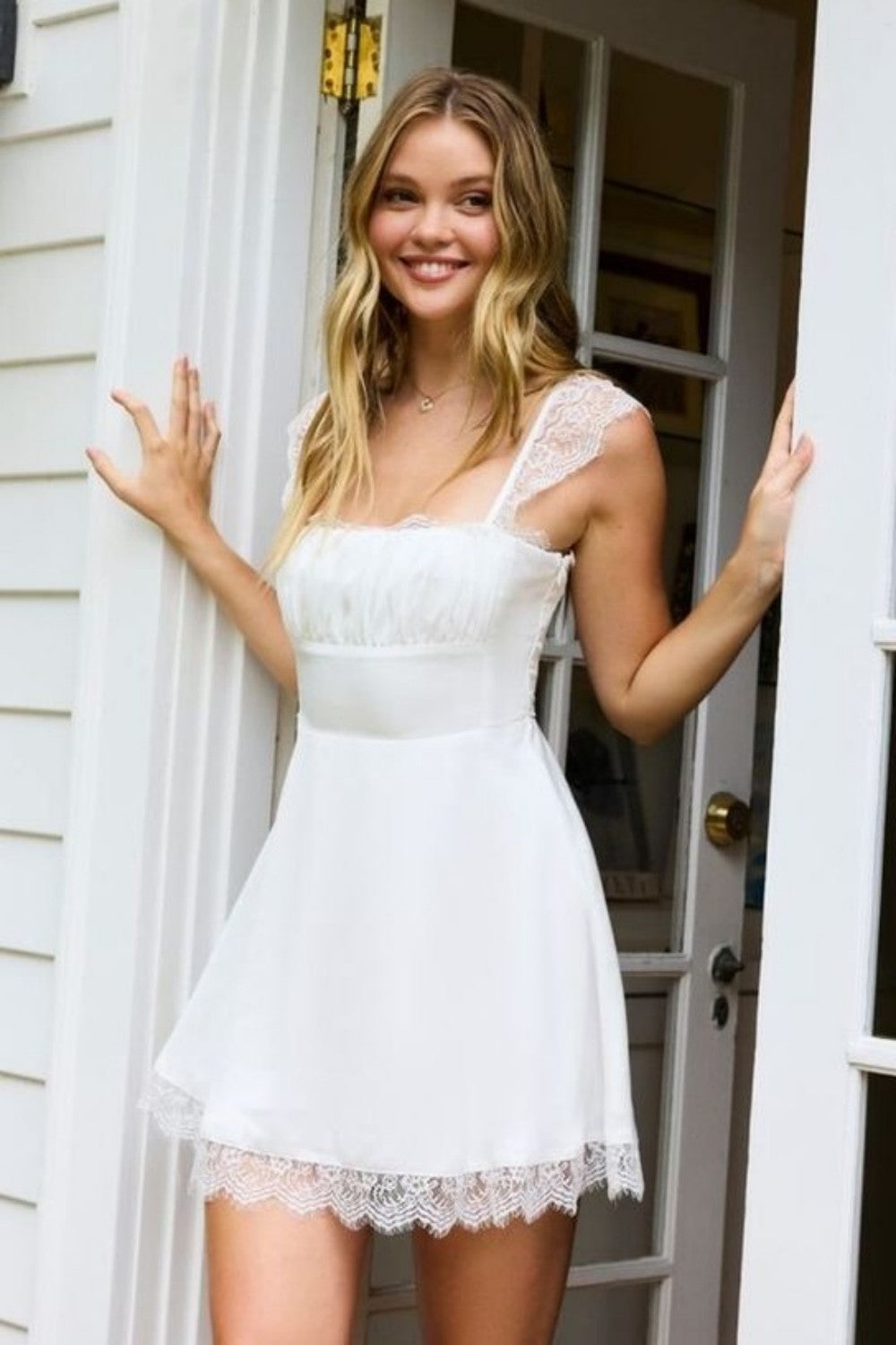 White Lace Trim A-Line Square Neck Homecoming Dress with Corset Back