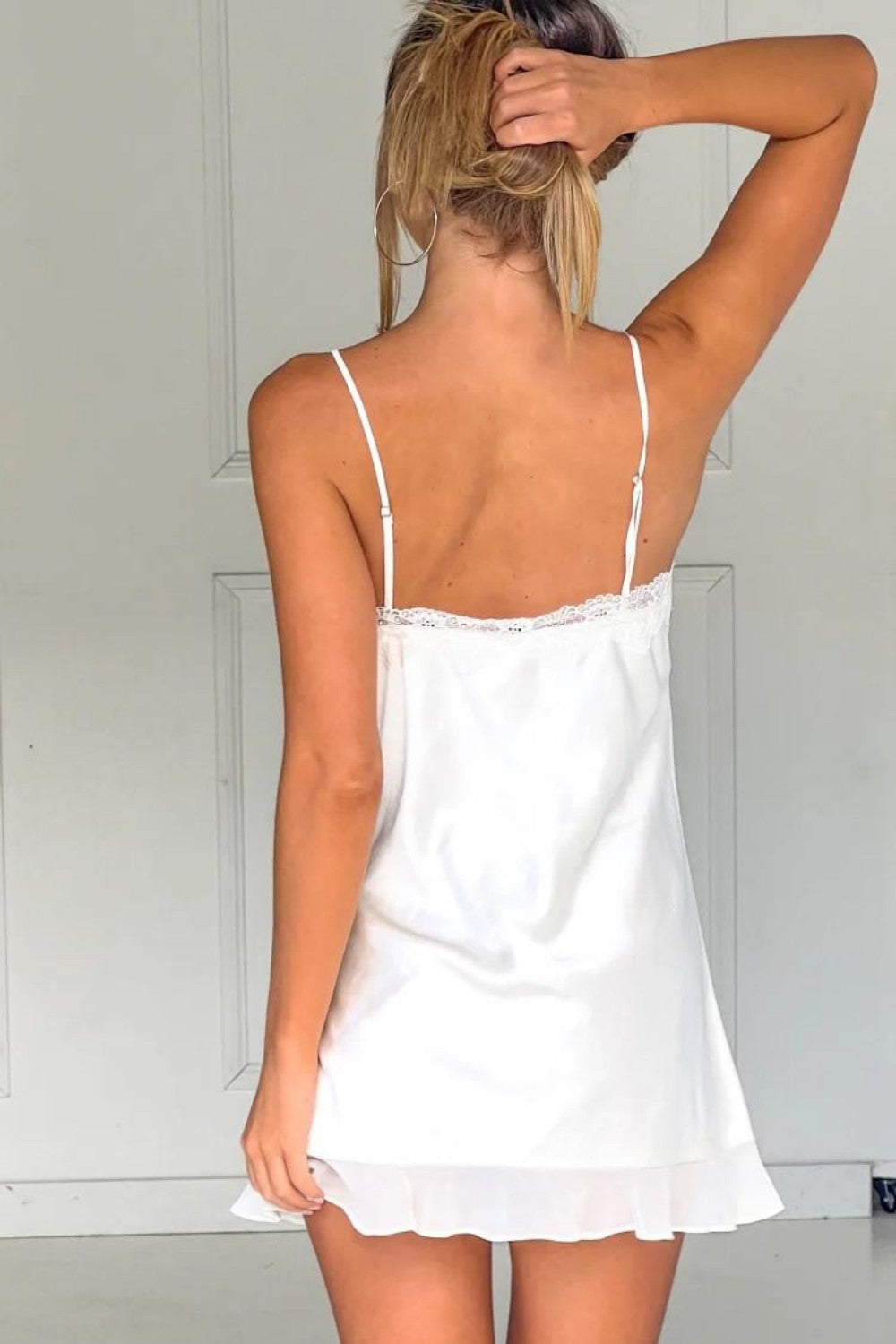 Cute A Line Spaghetti Straps White Satin Mini Dress with Lace