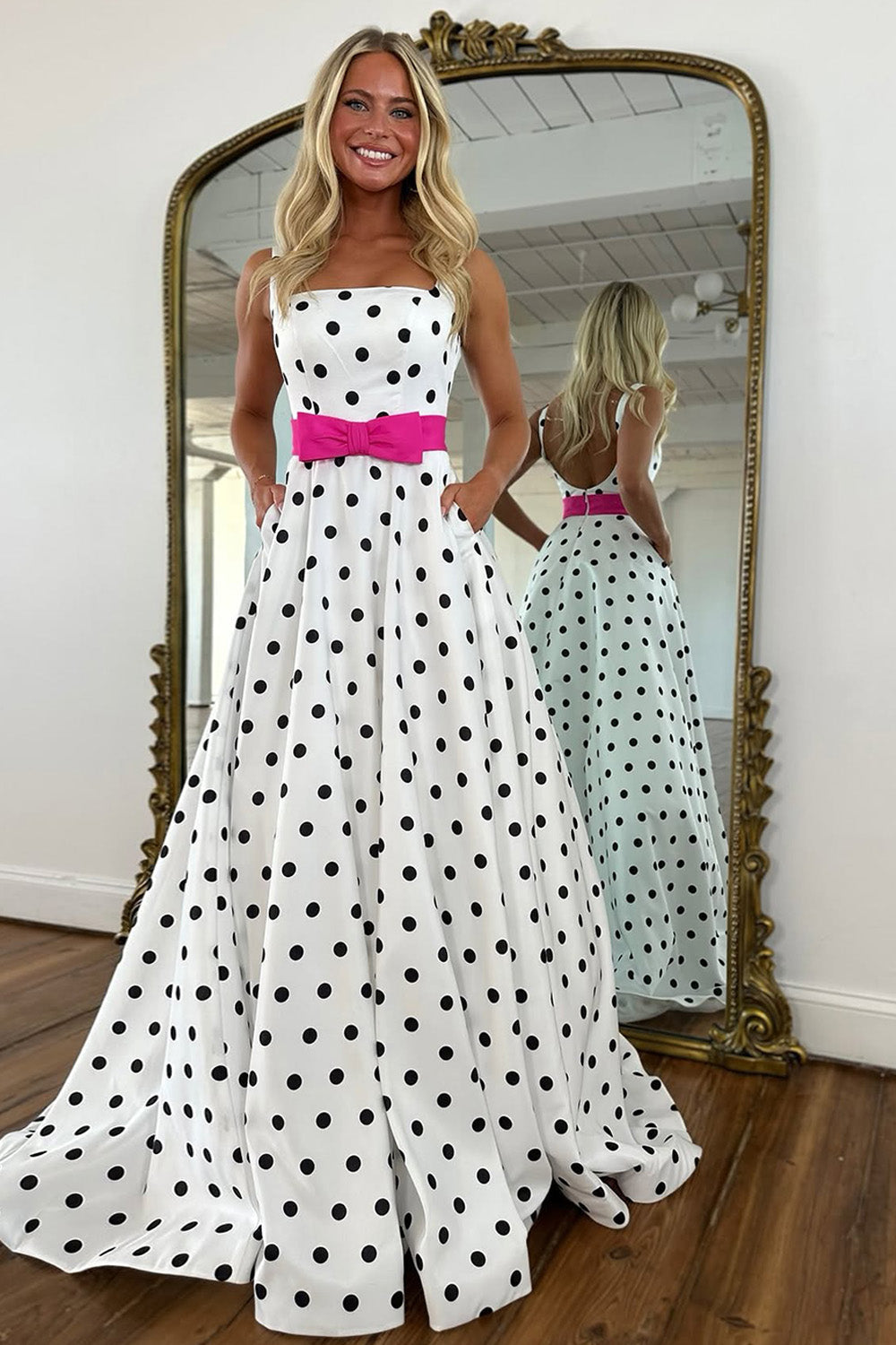 Sweety A Line Strapless White Satin Polka Dot Prom Dress with Pink Bow - VelvetHem