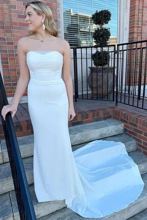 White Strapless Mermaid Long Modest Wedding Dress (ZD16120)