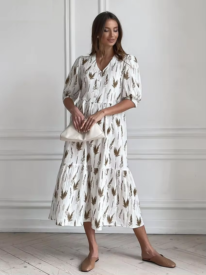 Isolda Summery Midi Dress with a V-neck for Women Casual Daywear