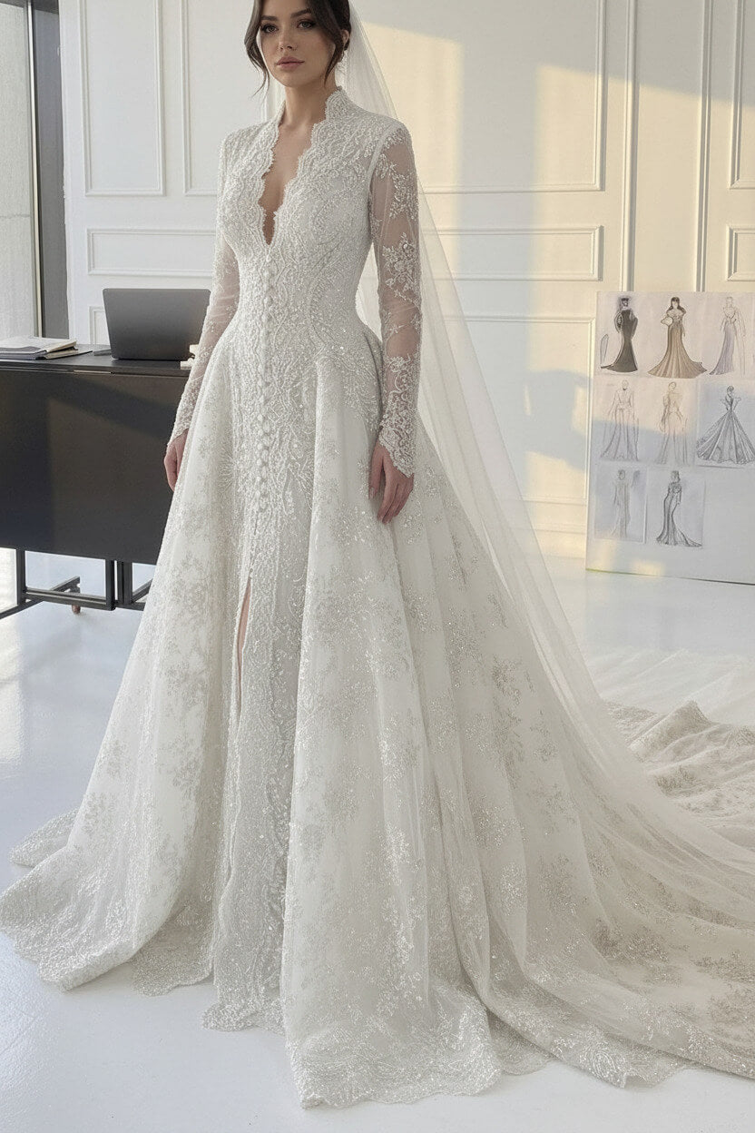 Suzhoufashion A Line V Neck Champagne Long Wedding Dress With Appliques Lace Bridal Gown