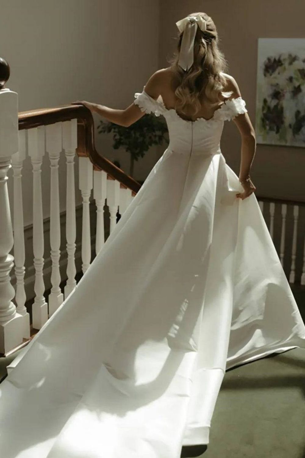 Gorgeous A Line Off the Shoulder White Bridal Dress with Flowers - View 2 | VelvetHem