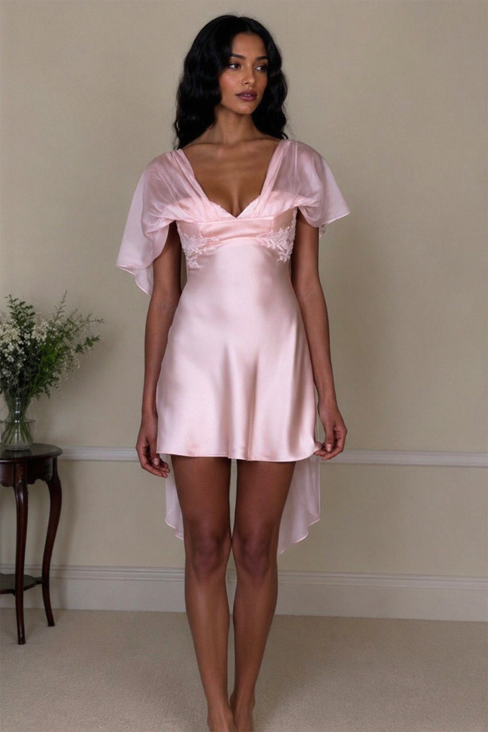 White Satin Homecoming Dress with Deep V-Neck and Flowy Sheer Sleeves