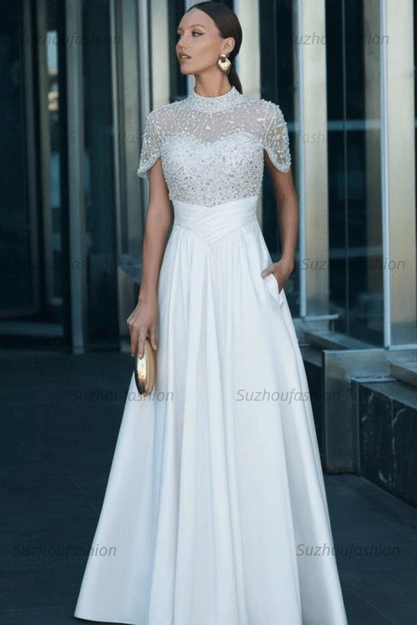 High Neck Short Sleeves Long Evening Formal Dress With Beading Pockets