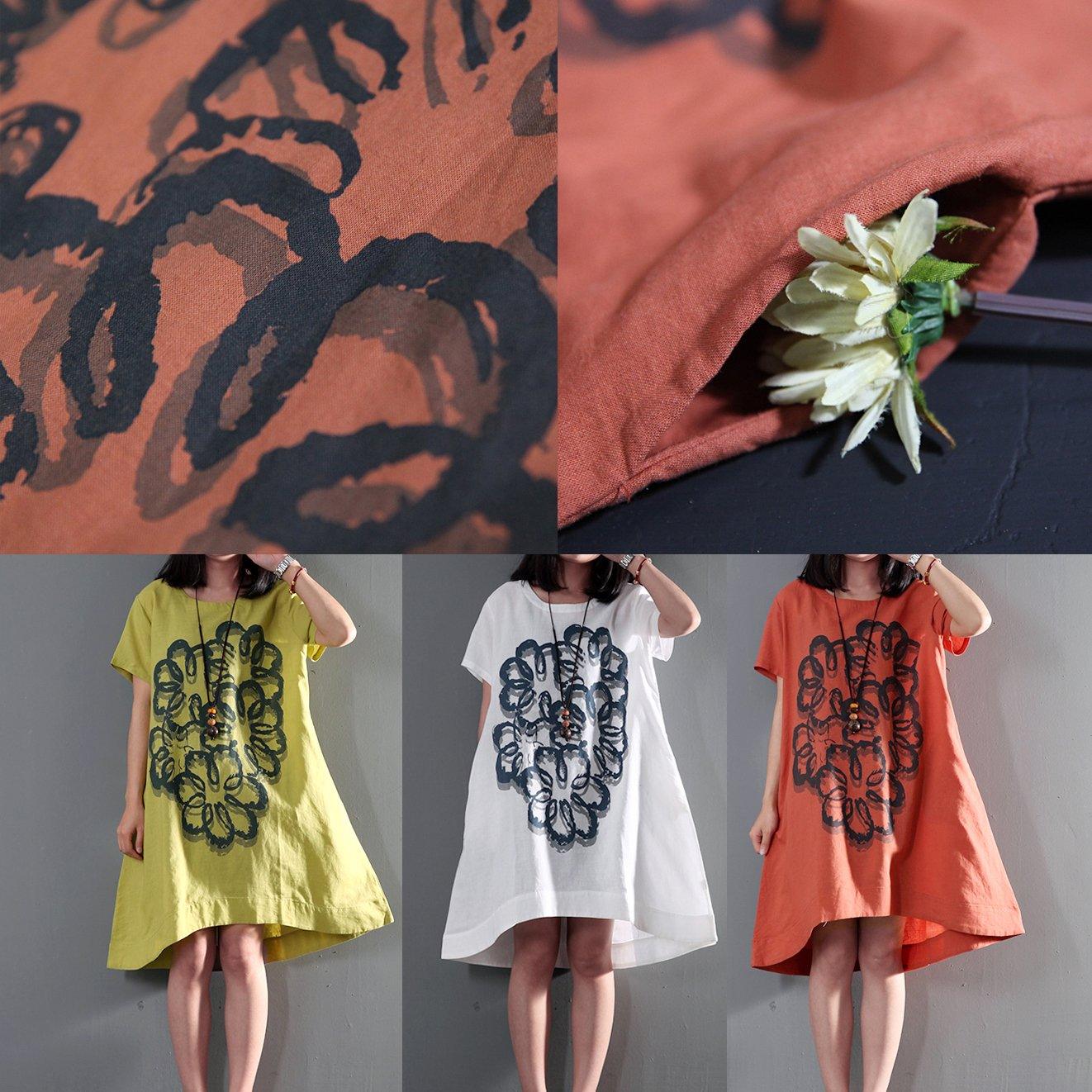 White plus size linen sundress short sleeve print summer dresses long blouse