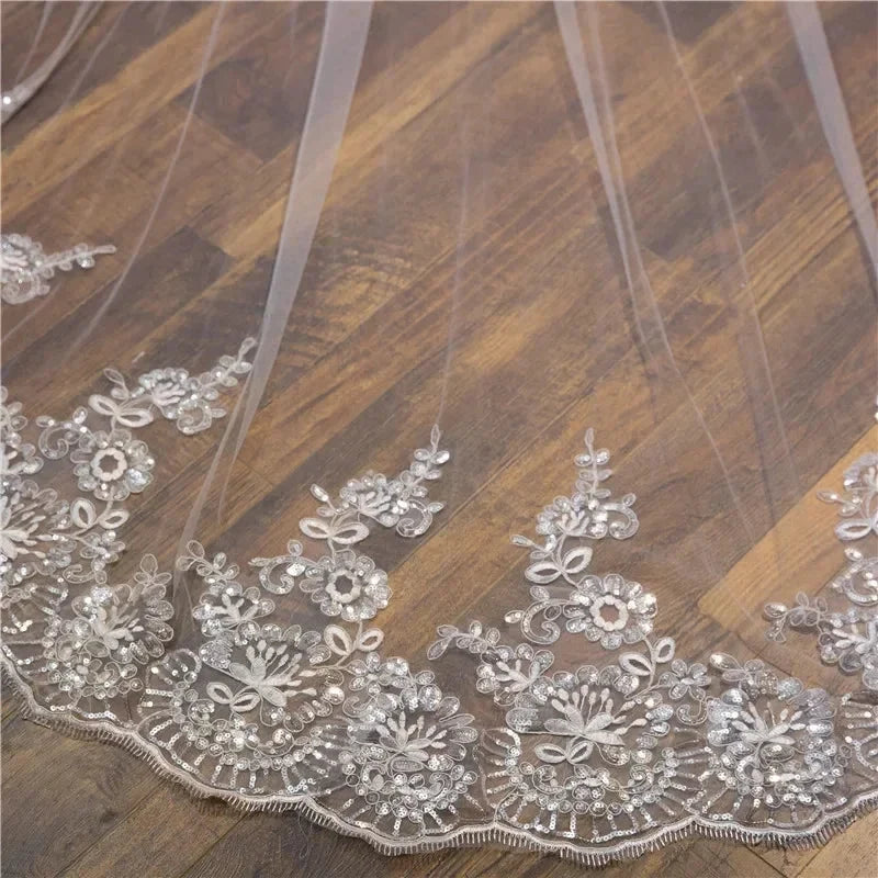 Wholesale white Ivory 3*3 Meter Cathedral wedding veils Lace Appliques Bridal veil (ZD14228)