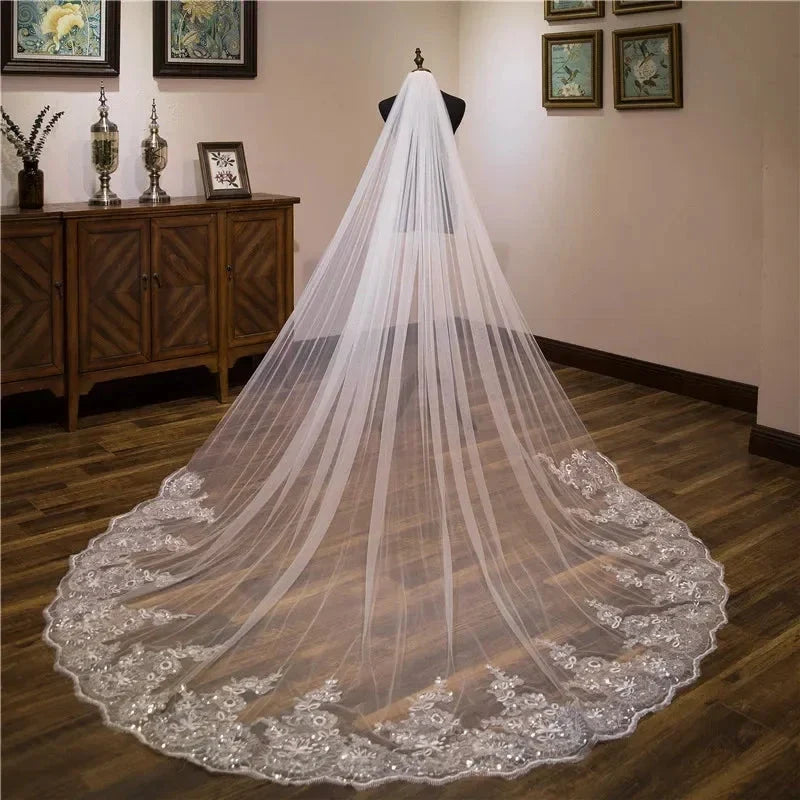 Wholesale white Ivory 3*3 Meter Cathedral wedding veils Lace Appliques Bridal veil (ZD14228)