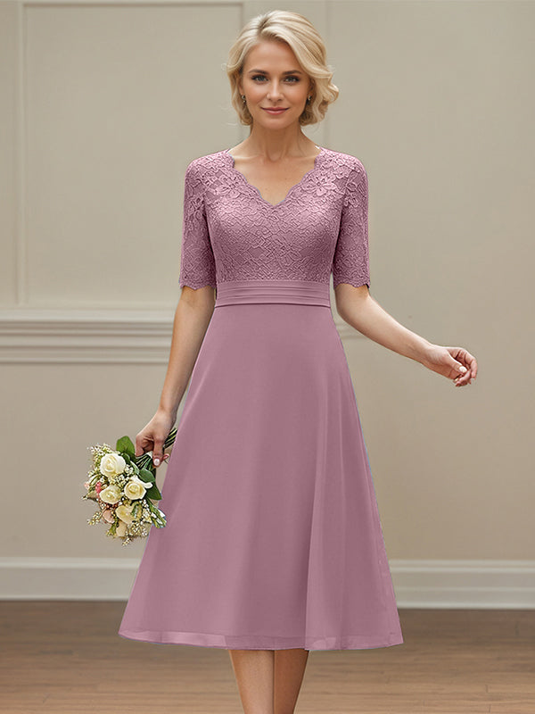 Wisteria A-line V-Neck Tea-Length Chiffon Lace Mother of the Bride Dress with Appliques - VelvetHem