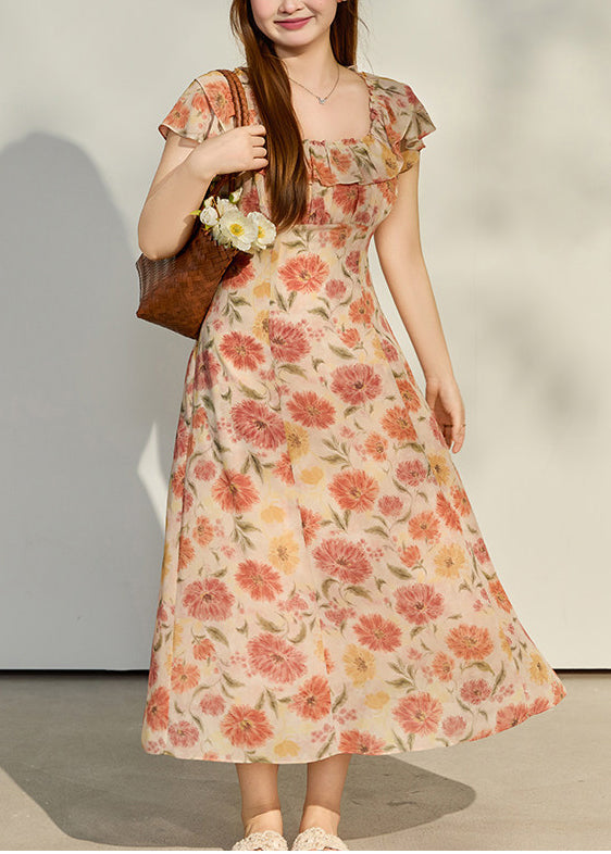Women Apricot Ruffled Print Chiffon Robe Dresses Summer
