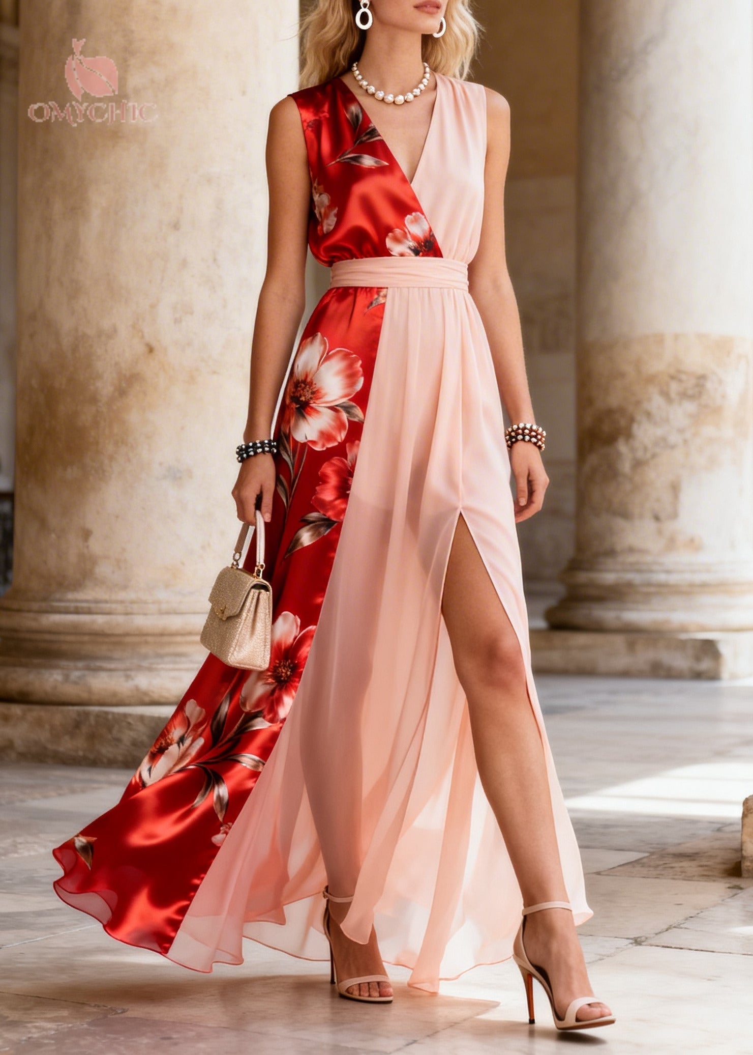 Women Asymmetrical Patchwork Side Open Chiffon Holiday Dress Sleeveless