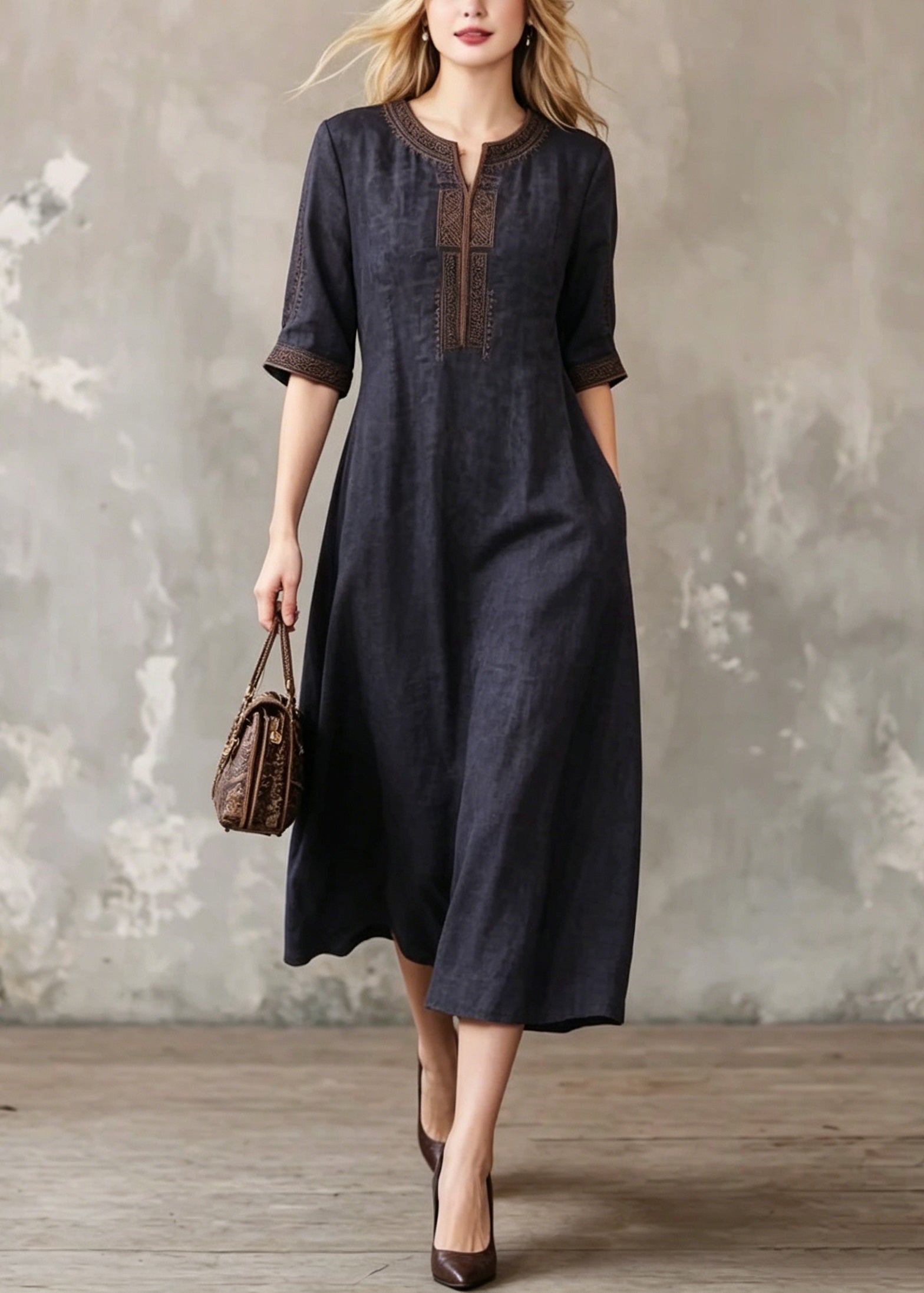 Women Black O-Neck Embroidered Silk Dress Summer