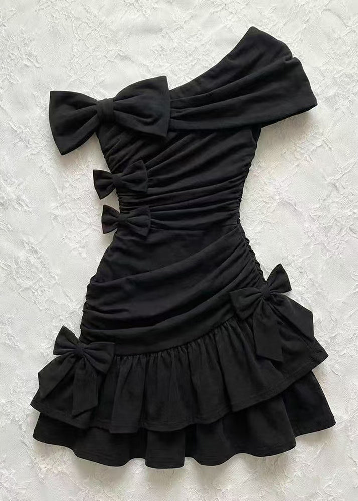Women Black One Shoulder Bow Wrinkled Cotton Party Dress Summer