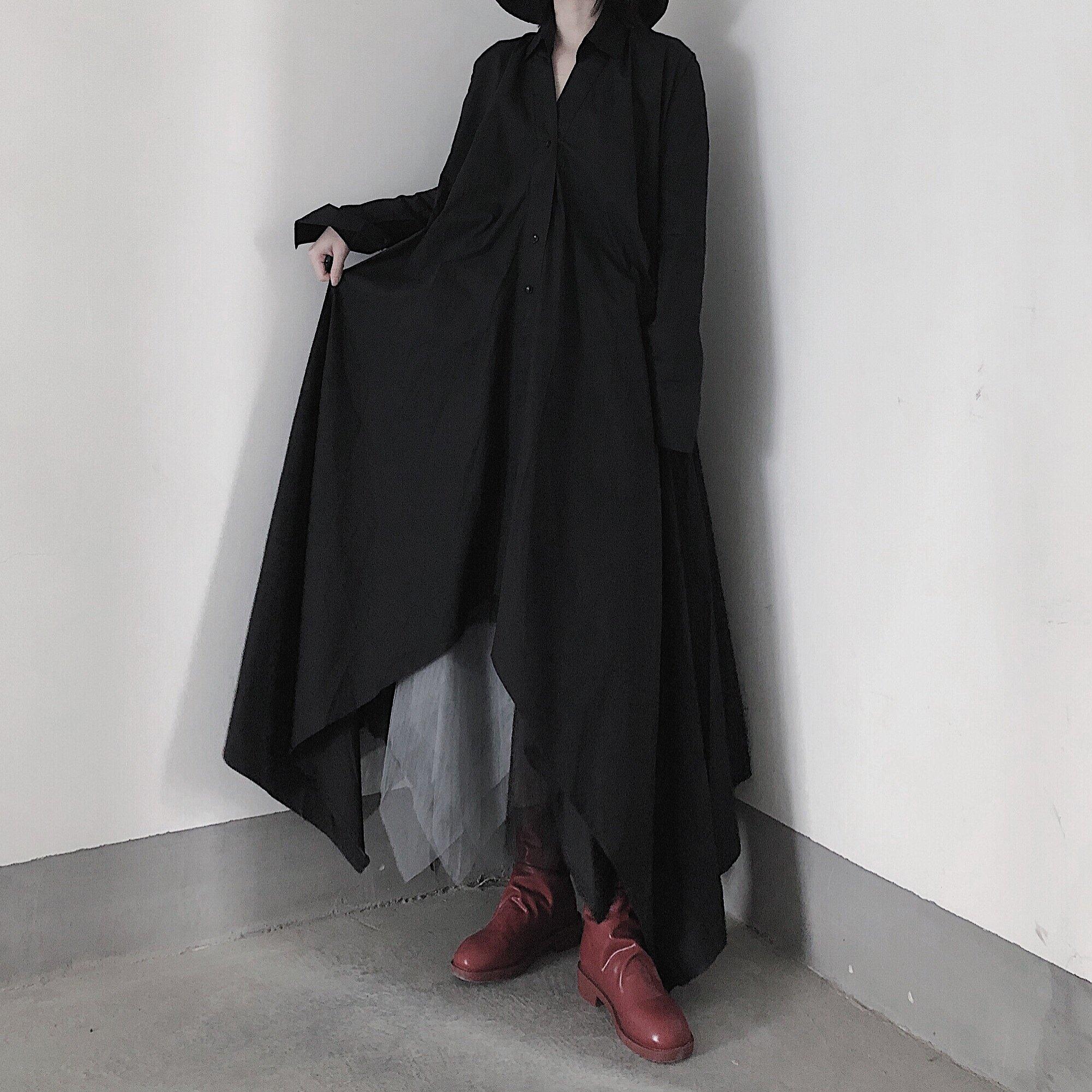 Women Black Tunic Pattern V Neck Asymmetric Robe Spring Dress