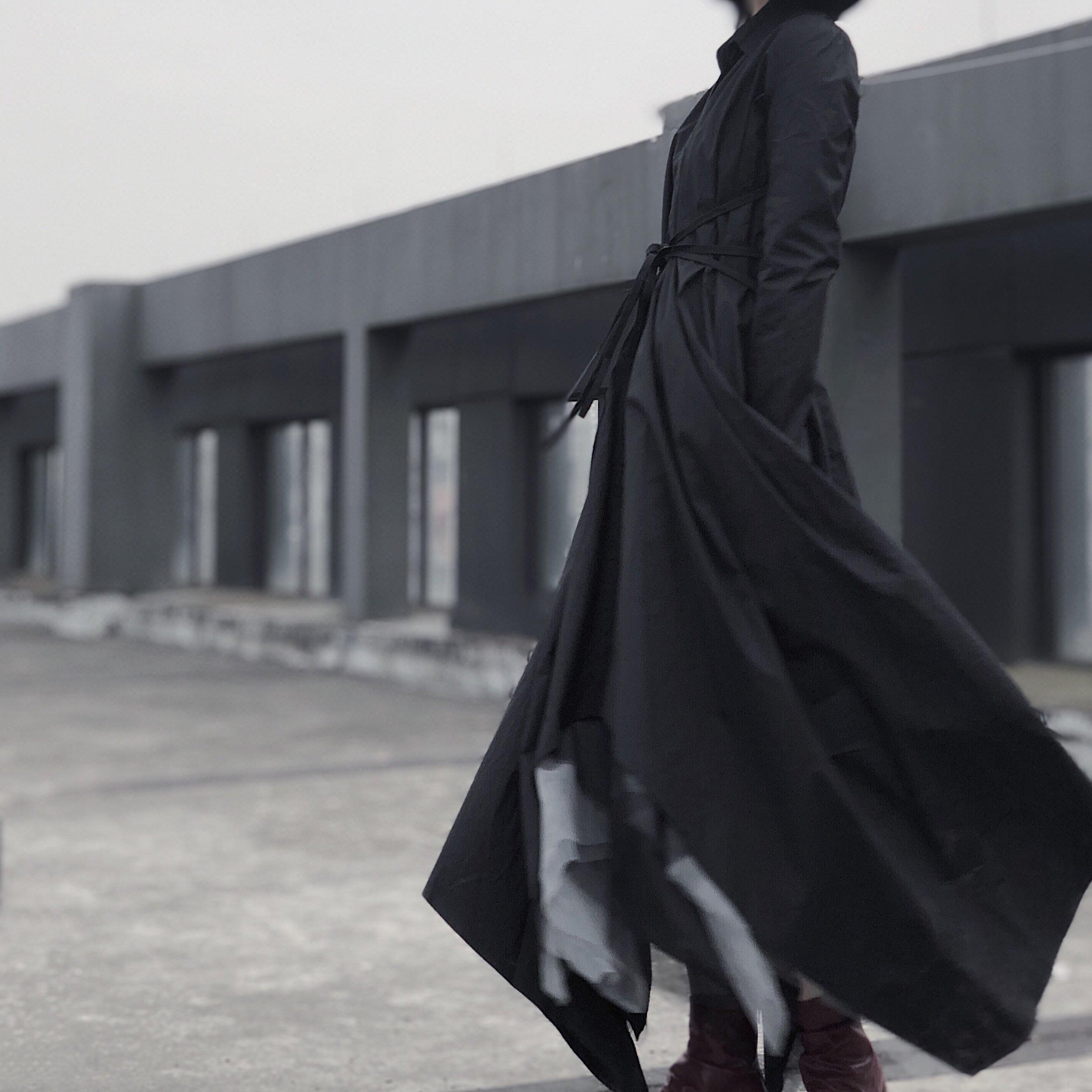 Women Black Tunic Pattern V Neck Asymmetric Robe Spring Dress