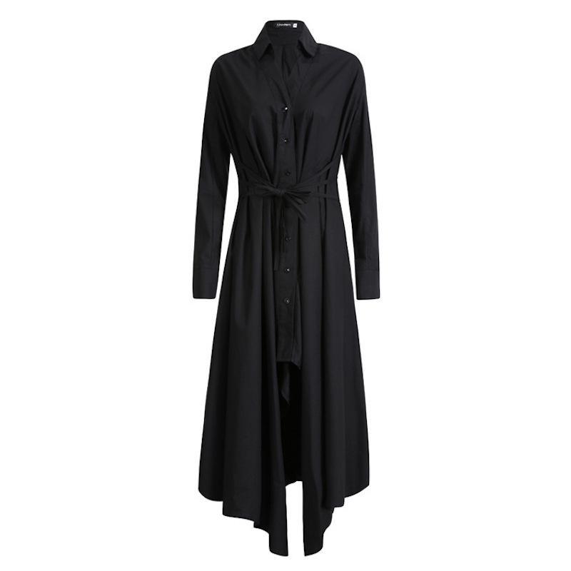 Women Black Tunic Pattern V Neck Asymmetric Robe Spring Dress