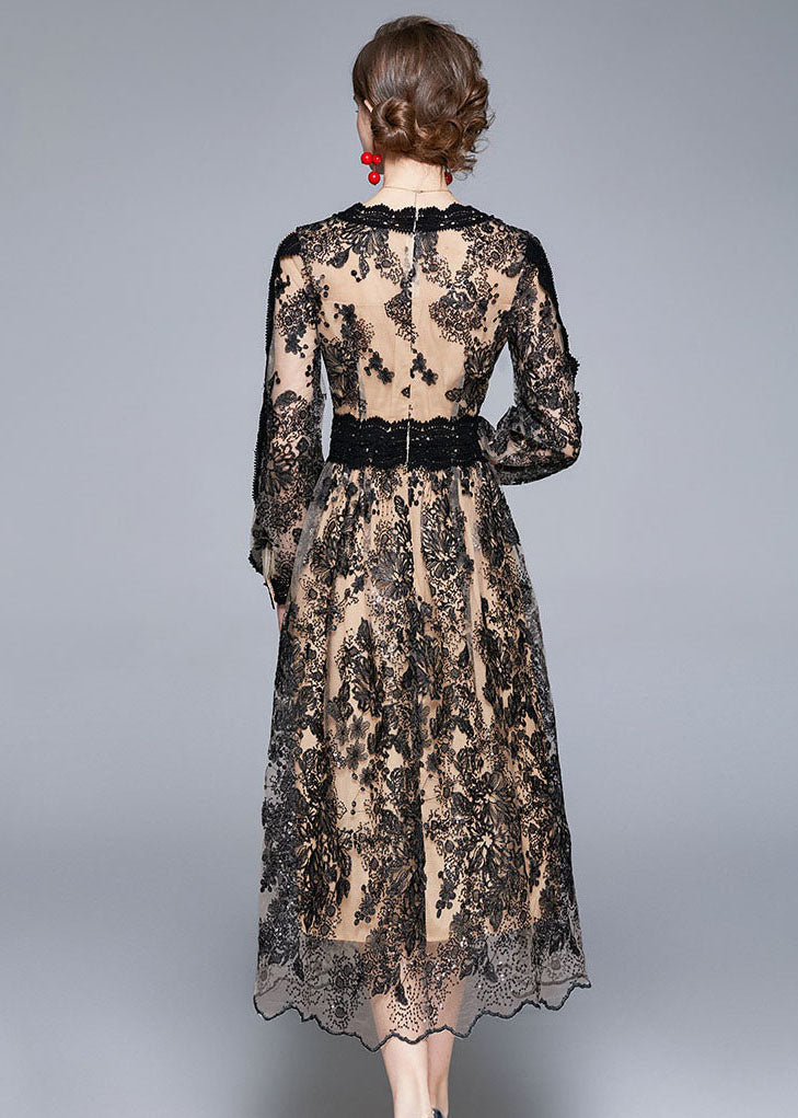Women Black V Neck Embroidered Patchwork Tulle Dresses Long Sleeve