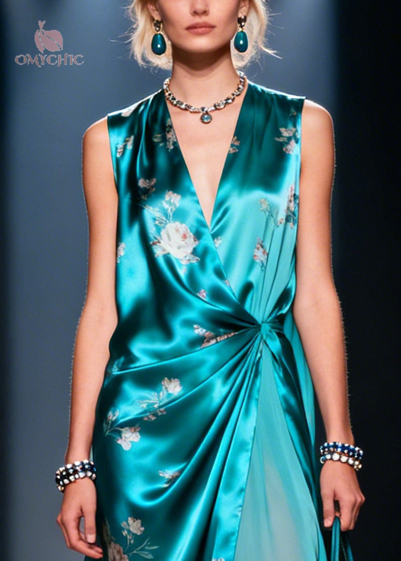 Women Blue Asymmetrical Print Silk Party Dress Summer