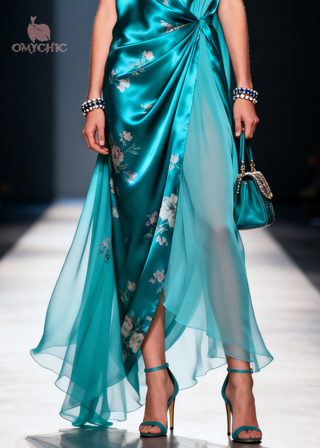 Women Blue Asymmetrical Print Silk Party Dress Summer