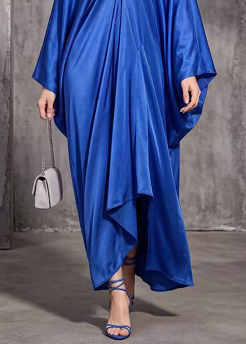 Women Blue V Neck Asymmetrical Design Silk Dress Spring