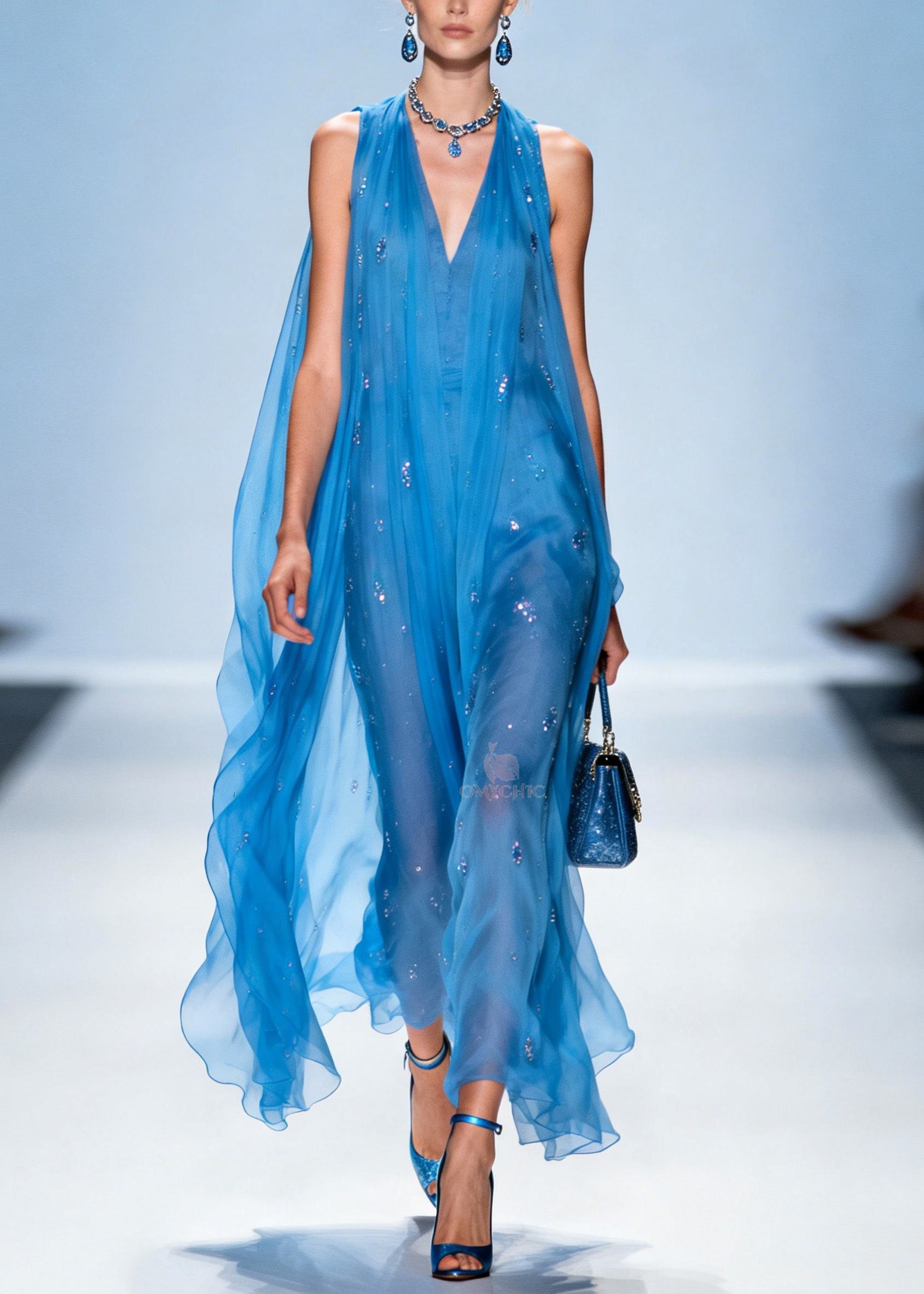 Women Blue V Neck Zircon Chiffon Dresses Sleeveless